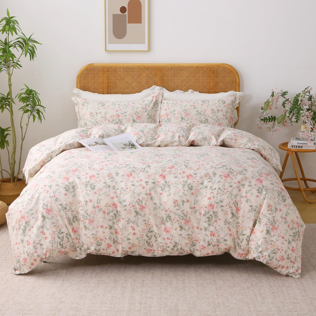 100% Cotton Duvet Cover Floral Bedding Set 3 Pieces Pink Floral Leaf Print Cottage Core Duvet Cover Set