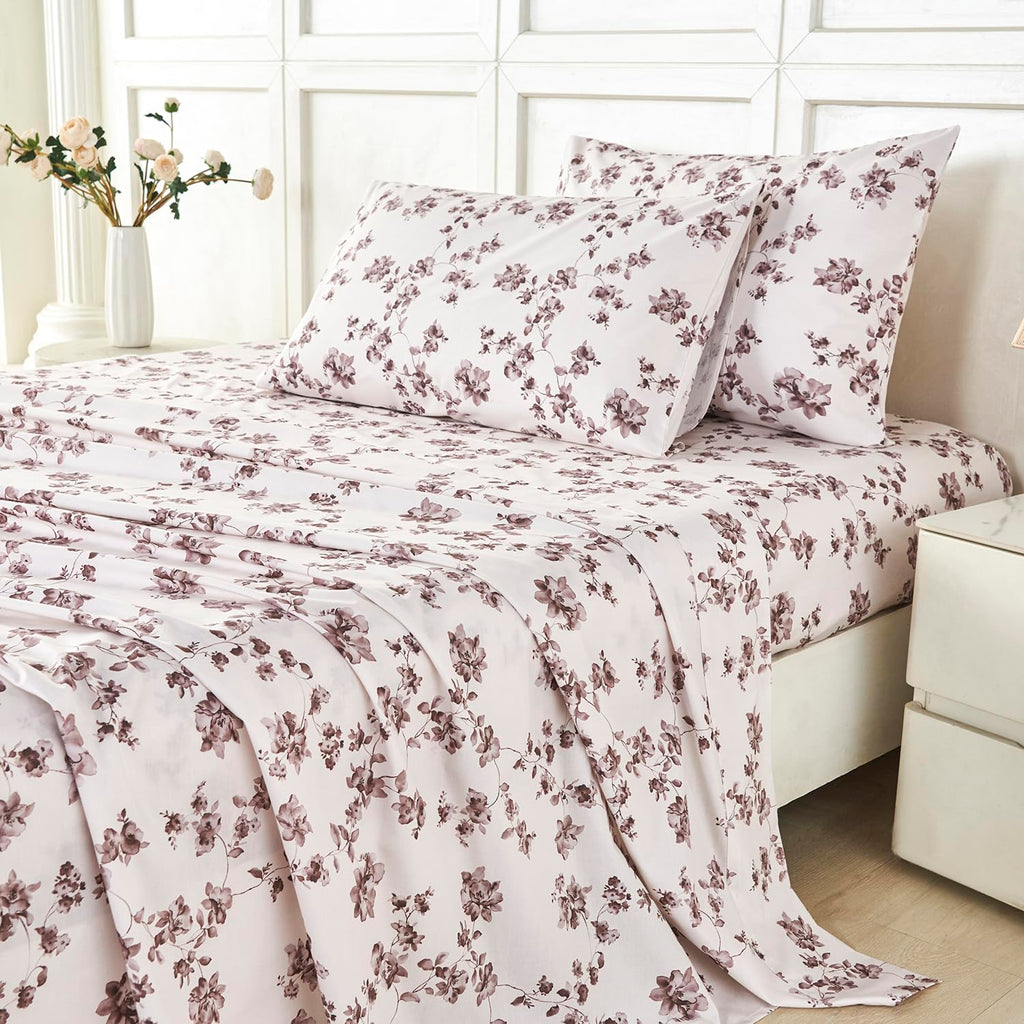 Sheets Set Vintage Tan/Brown Floral Bedding Farmhouse Sheets Set 100% Percale Cotton Breathable Cool Crisp