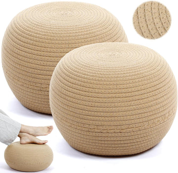 2 Pcs Round Cotton Knitted Low Pouf Ottoman | Braided Floor Seating Cushion, 16" x 16" x 8" Natural Foot Rest Stool