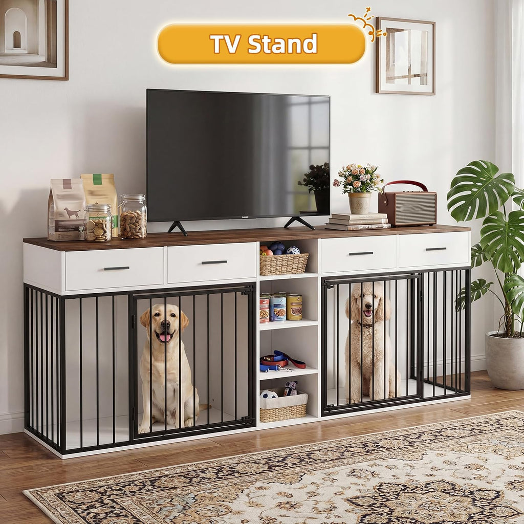 82 Inch Double Dog Crate Furniture for 2 Medium/Large Dogs, White