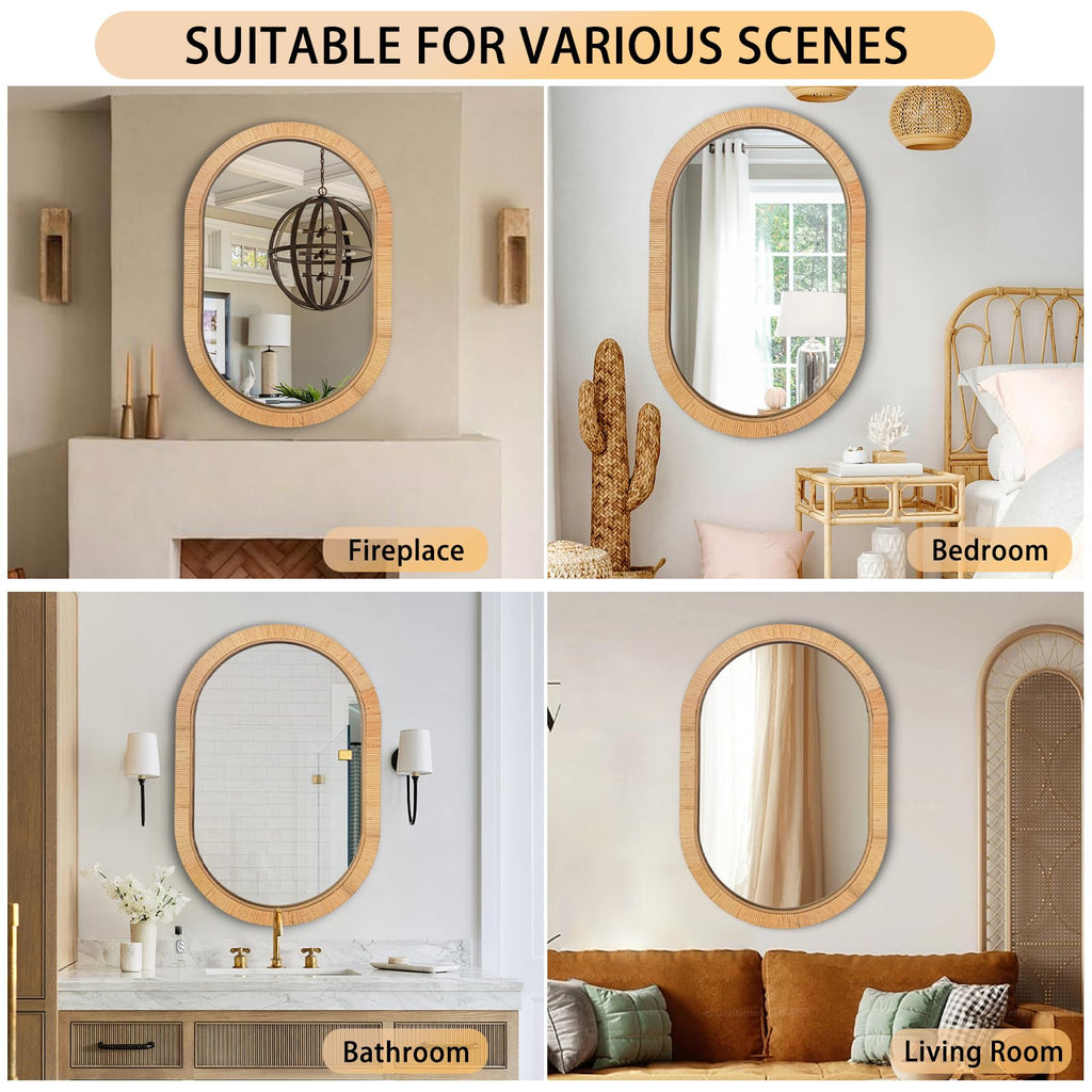 20x30 Oval Rattan Mirror for Wall, Boho Decorative Mirror Vanity, Farmhouse & Natural Home Decor