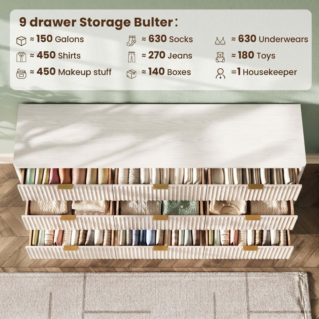 63" Wide Fluted 9 Drawers, Curved Edge, White
