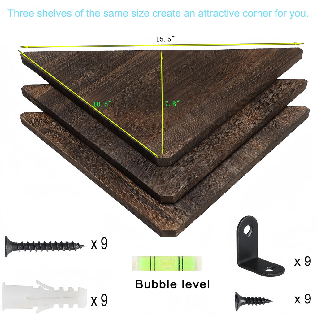 Corner Wall Shelf Set of 3, Floating Corner Shelves, Rustic Wood Wall Storage Display Shelves (Dark Brown)