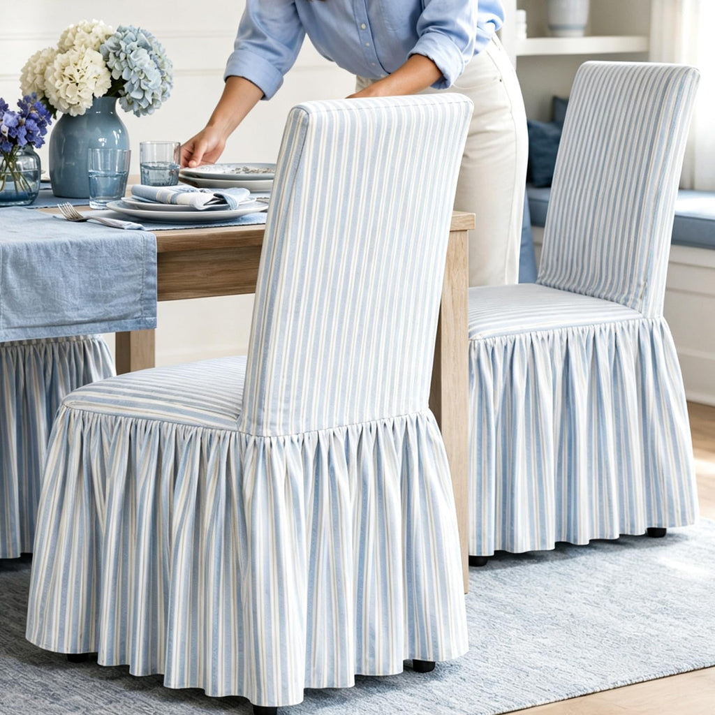 Ruffled Dining Chair Covers, Set of 4, Blue Stripe