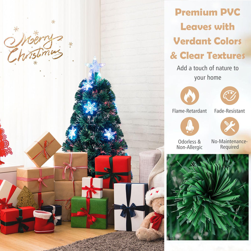 3ft Pre-Lit Fiber Optic Christmas Tree for Tabletop, Small Mini Artificial Xmas Full Tree with Colorful Snowflake LED