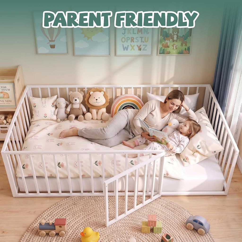 Toddler Floor Bed, Metal Montessori Bed for Kids, White