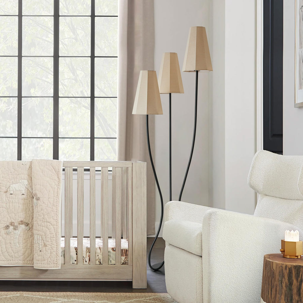 Artistic Vintage Floor Lamp, 3-Light Standing Lamps with Sculptural Curved Iron Base & Octagonal Linen Shades