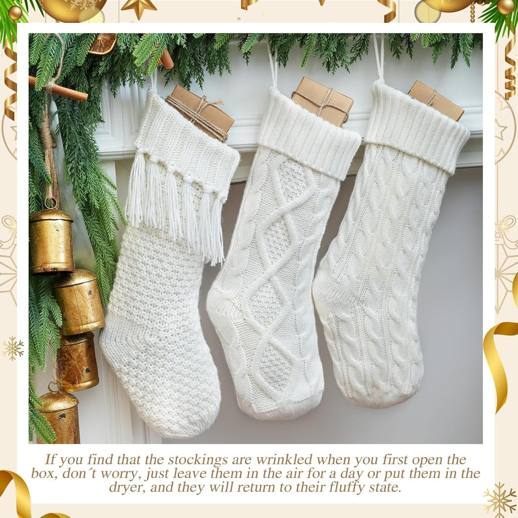 3 Pack White Farmhouse Christmas Stockings - Large 18" Rustic Boho Vintage Cable Knit Holiday Stockings, Neutral