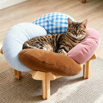Elevated Cat Bed Wooden, Cat Couch Fluffy, Cat Sofa Flower for Indoor Cats, Raised Cat Bed with Washable Fluffy