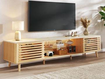 70" TV Stand for 55/65/75 Inch TV, Faux Marble Top Entertainment Center with Slatied Sliding Door & LED Lights, Mid