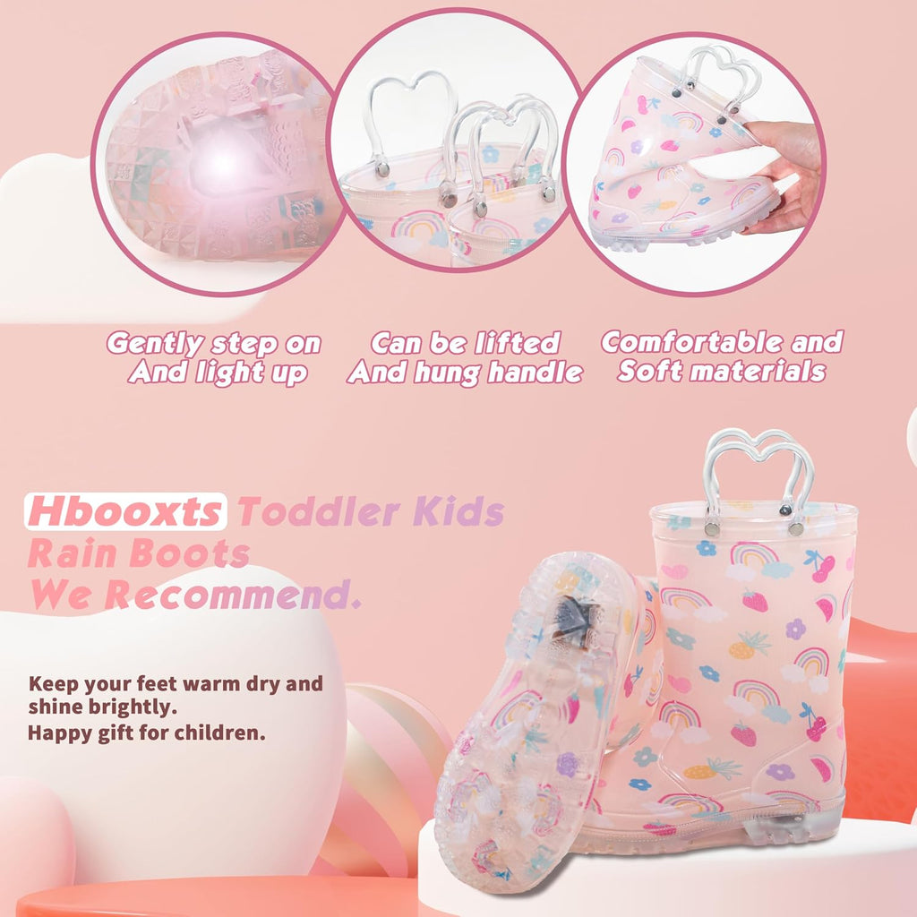 Toddler Rain Boots Waterproof Rubber Kids Rain Boots for Girls and Boys with Fun Patterns and Easy-On Handles