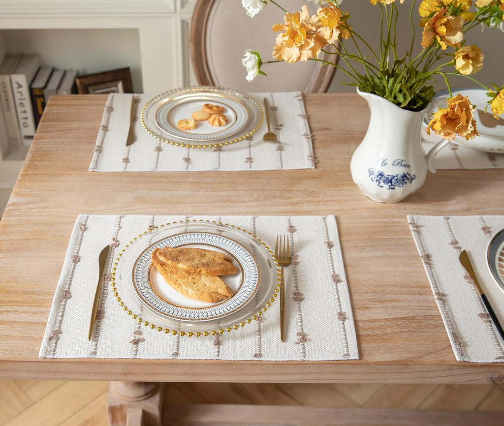 Boho Placemats for Dining Table Decor, Woven Cloth Place Mats for Farmhouse Rustic Kitche Home Decor, Cotton - Set of 6