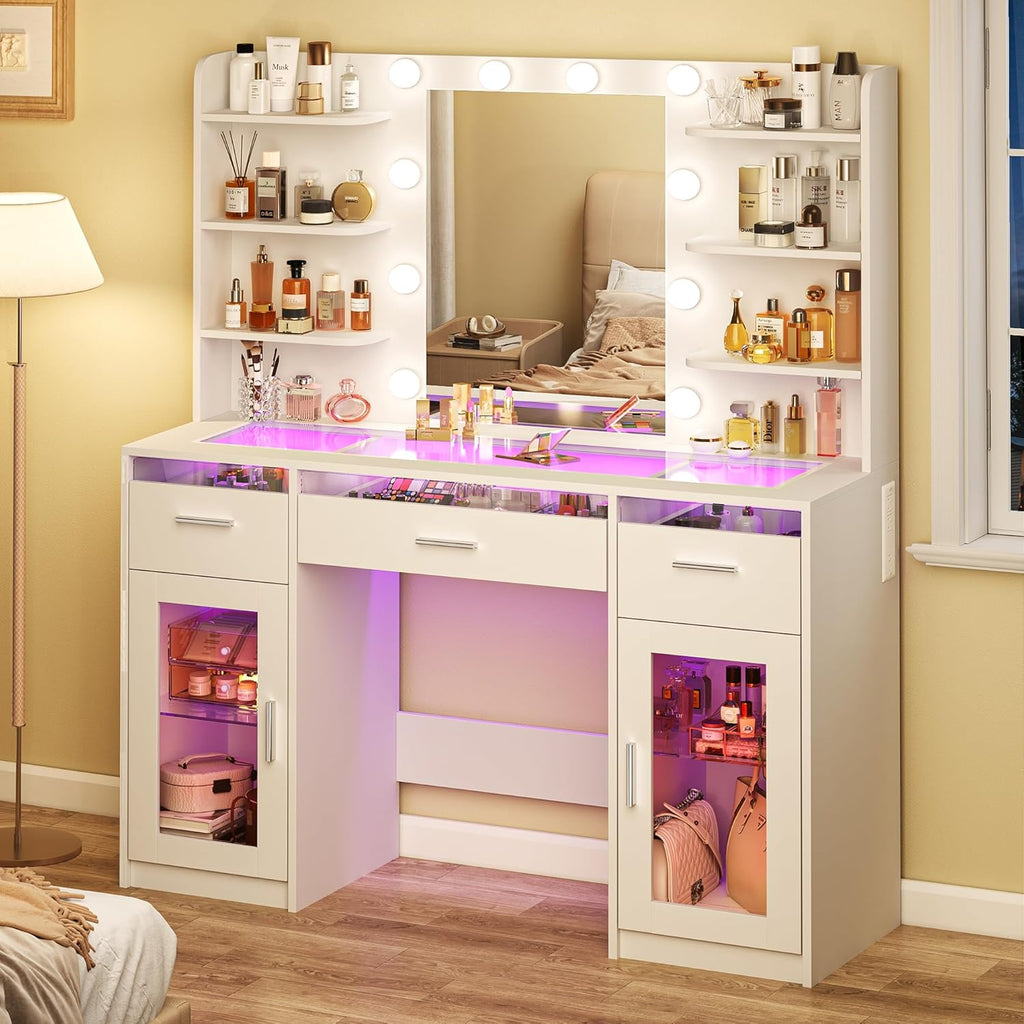 Vanity Desk, Makeup Vanity Desk with Mirror and Lights 3 Colors, Transparent Top with 3 RGB Drawers, 6 Shelves, 2