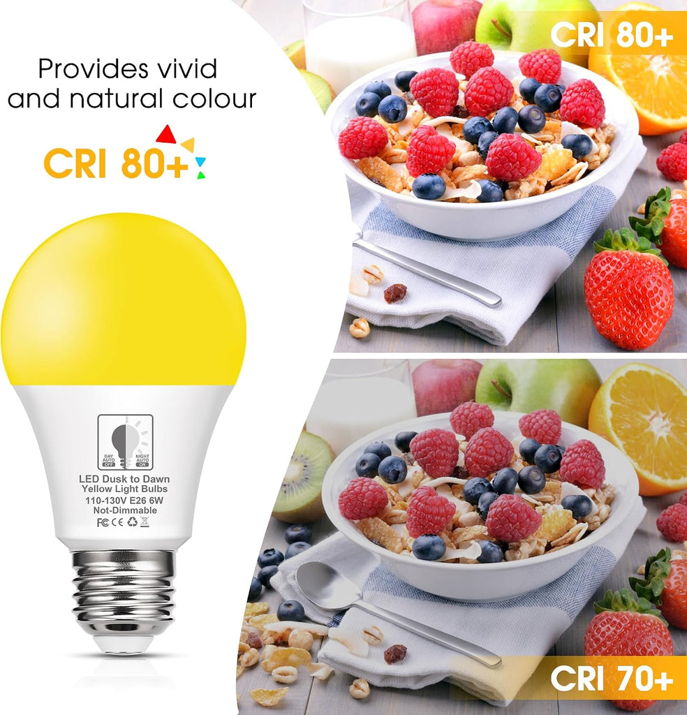 Dusk to Dawn LED Yellow Bug Light Bulb Outdoor, 6W(40W Equivalent)