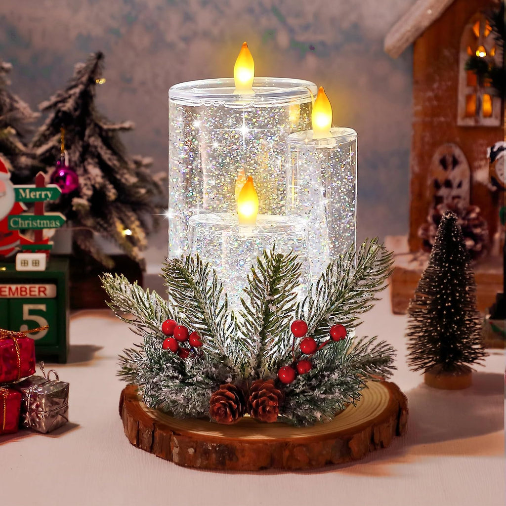 Christmas Snow Globe Flameless Candle, LED Lighted Electric Snow Globe with Spinning Glitter, Christmas Candles