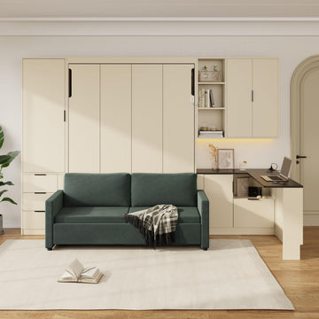 Queen Murphy Bed with Sofa, Hydraulic Lift, USB, LED, Beige/Green