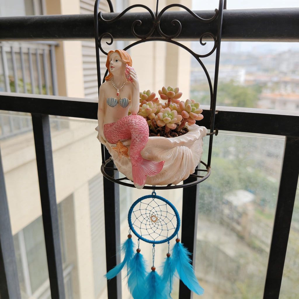 Mermaid Resin Planter Statue, Conch Base Succulent Flower Pot Garden Nautical Decor (Pink)