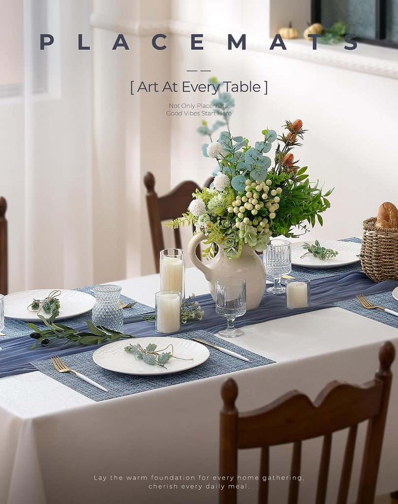 Deep Navy Woven Placemats - Heat Resistant Non-Slip Place mats for Dining Table, Washable Durable PVC Vinyl - Set of 6