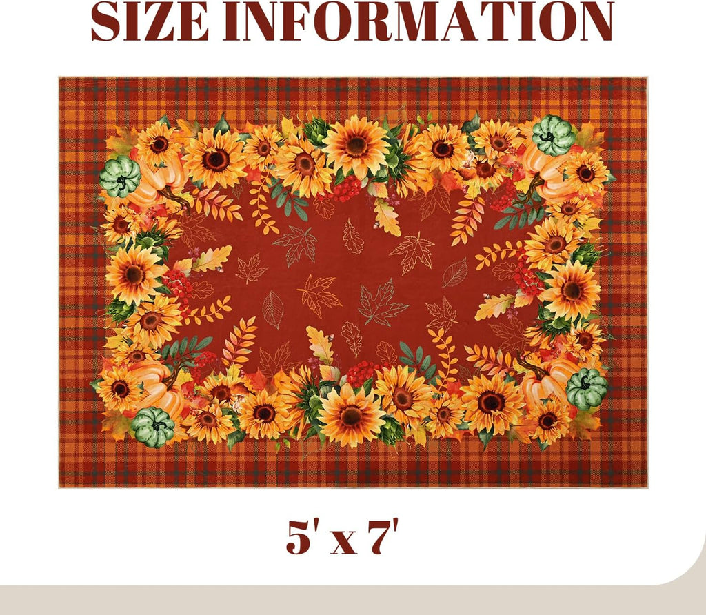 Fall Area Rug Sunflower Living Room Rug Pumpkin Plaid Washable Rugs Orange Bedroom Rugs Non Slip Soft Faux Wool