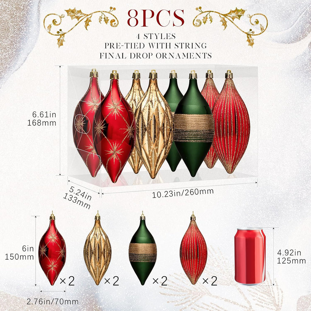 Finial Drop Christmas Ornaments for Tree Decorations, 150mm/6inch Shatterproof Plastic Hanging Large Tear Drop
