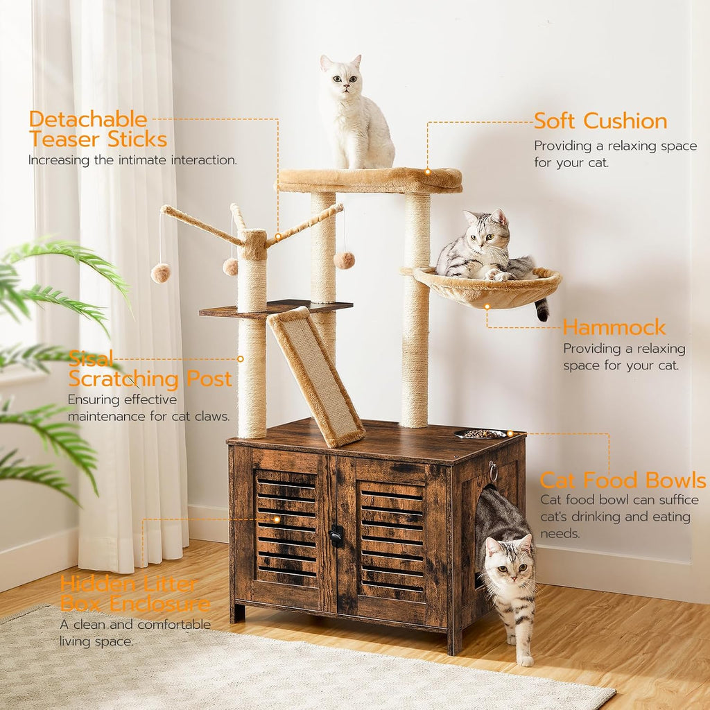 Cat Tree with Litter Box Enclosure, 44" Tall Wooden Cat Tower with Scratching Posts, Cat Hammock, Hidden Litter Box