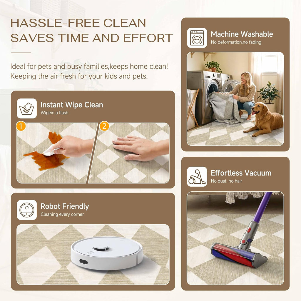 Washable Runner Rug Set Kitchen Beige Non Slip Checkered Carpet