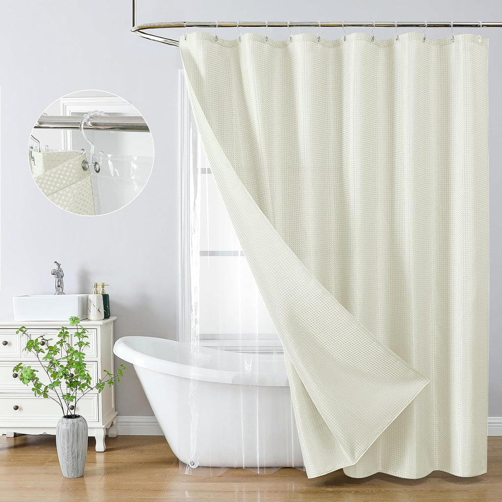 3 in 1 Waffle Shower Curtain Set with Liner, Ivory, 72 x 72 | Shower Curtain and Liner Set with Hooks, Waterproof