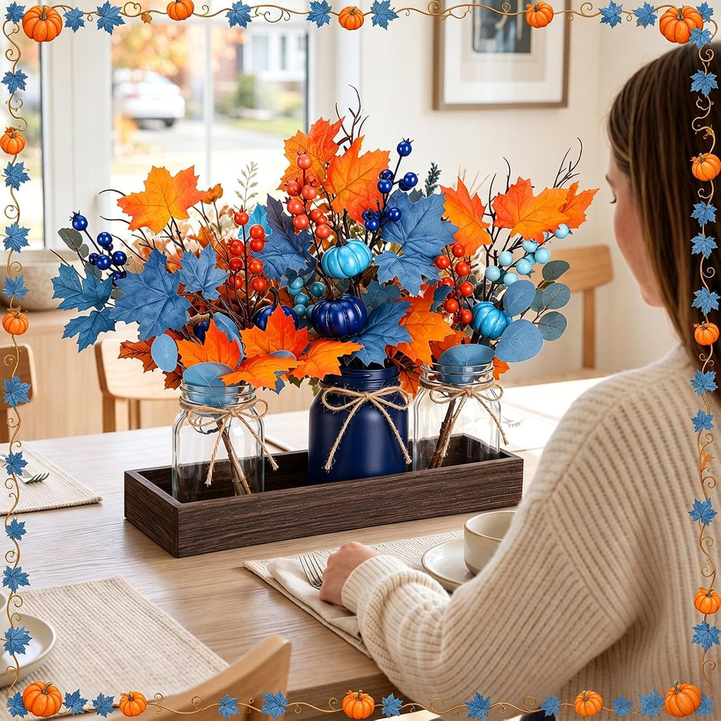 Navy Blue and Burnt Orange Fall Mason Jar Centerpiece - Set of 3