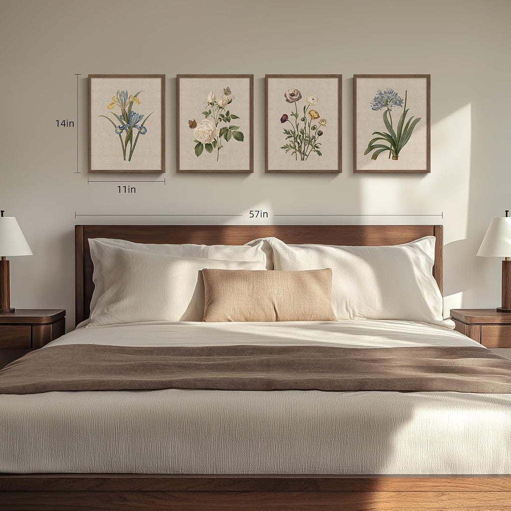 Framed Botanical Floral Wall Art, 4 Piece Vintage Flower Canvas Painting Prints, Rustic Floral Butterfly Pictures