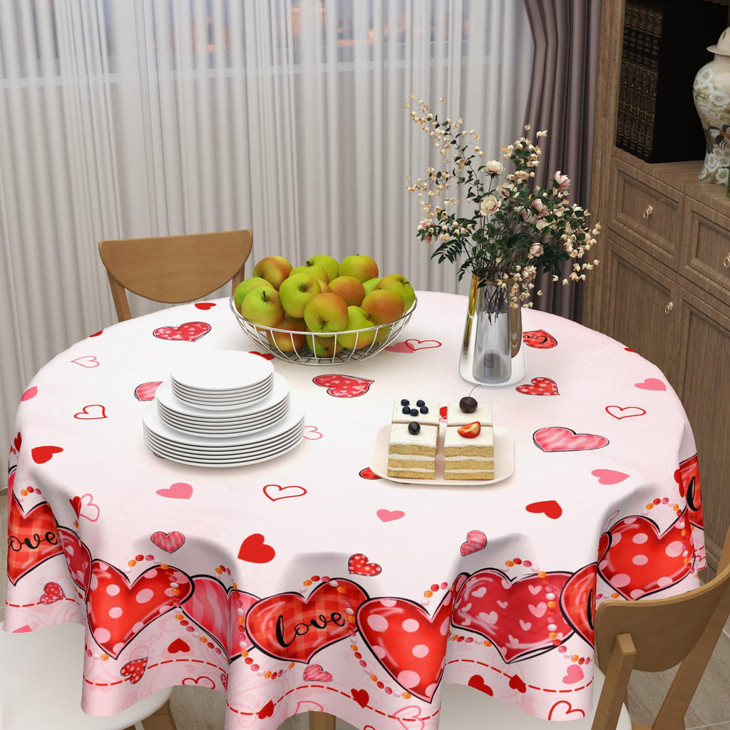 Valentine's Day Tablecloth Round 70 Inch Pink Love Hearts Table Cloth Farmhouse Valentines Table Cover Dinner Room