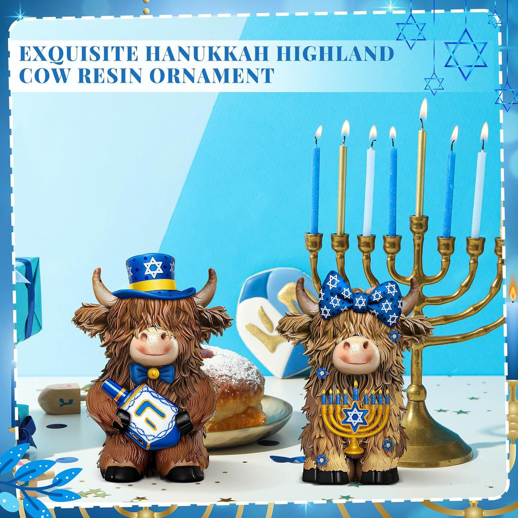 Hanukkah Highland Cow Figurines Decor, Blue Hanukkah Style - Set of 2