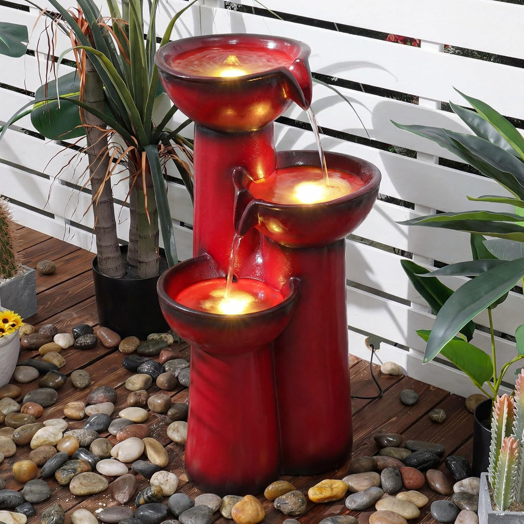 27" Outdoor Water Fountain with LED Lights, 3-Tier Cascading Faux Ceramic Column Water Feature with Pump Patio