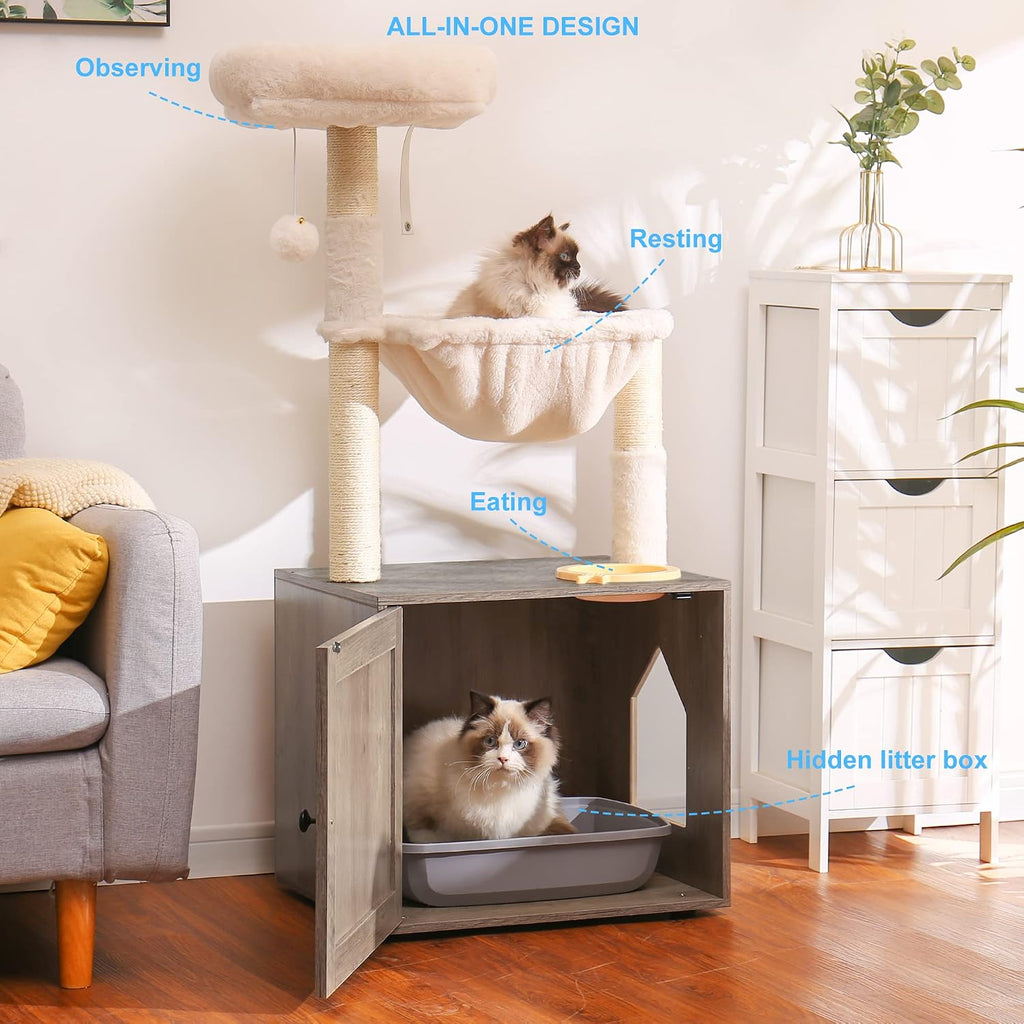 Cat Tree Tower, Litter Box Enclosure, Food Station