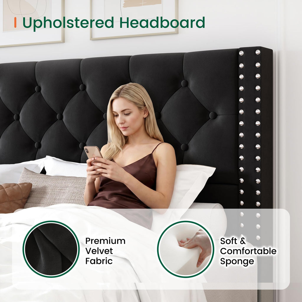 Queen Size Platform Bed Frame with 4 Storage Drawers and Tufted Headboard Upholstered Bed Frame with Heavy Duty Wood