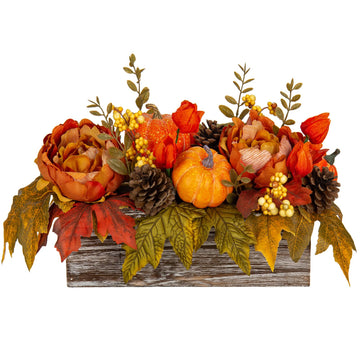 Fall Decor Autumn Harvest Pumpkins Centerpiece - Artificial Peony Maple Leaf and Pinecones Arrangement in Rectangle