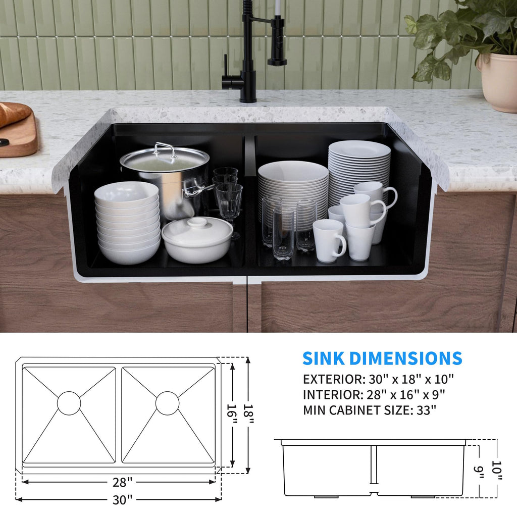 30 Inch 16 Gauge Undermount 50/50 Double Bowl Black Kitchen Sink