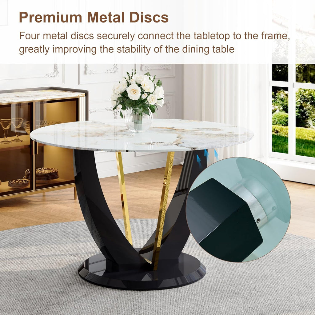 42" Round Dining Table for 4-6, Modern Faux Marble Kitchen Tabletop with Black Wood Pedestal and Gold Metal Frame