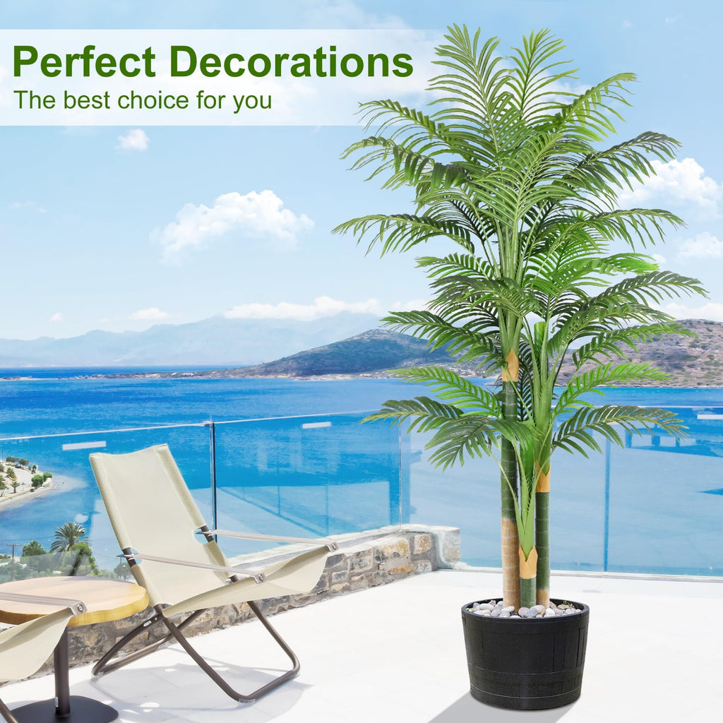 7ft Tall Triple Golden Cane Palm Artificial Tree Large Tropical Palm Tree UV Resistant Fake Plant in Pot for Indoor