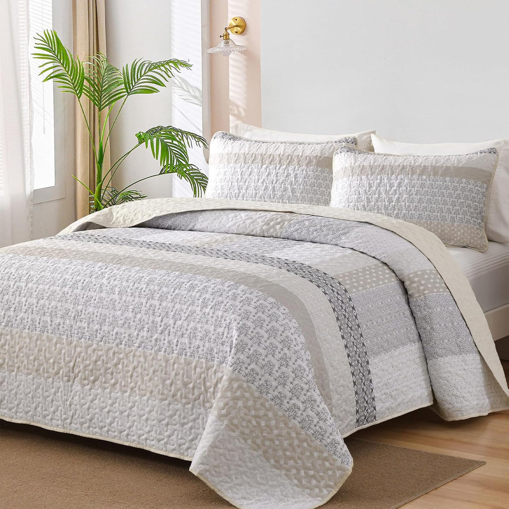 Beige Quilt King, Bohemian Stripe Quilt Sets 3 Pieces Boho Quilted Bedspread Set Lightweight Microfiber Coverlet