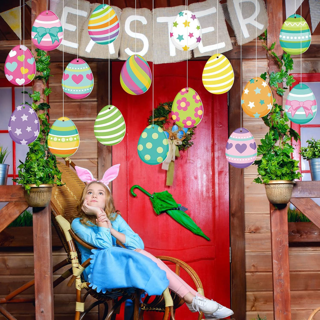 Easter Decorations Outdoor Easter Eggs Hanging Yard Signs 7.9 Inch Large Colorful Egg Shaped Double Sided - Set of 16