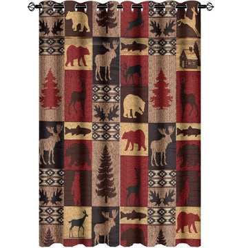 Retro Rustic Bear Deer Blackout Curtains - Farmhouse Cabin Bear Moose Red Black Buffalo Check Plaid Grommet Window