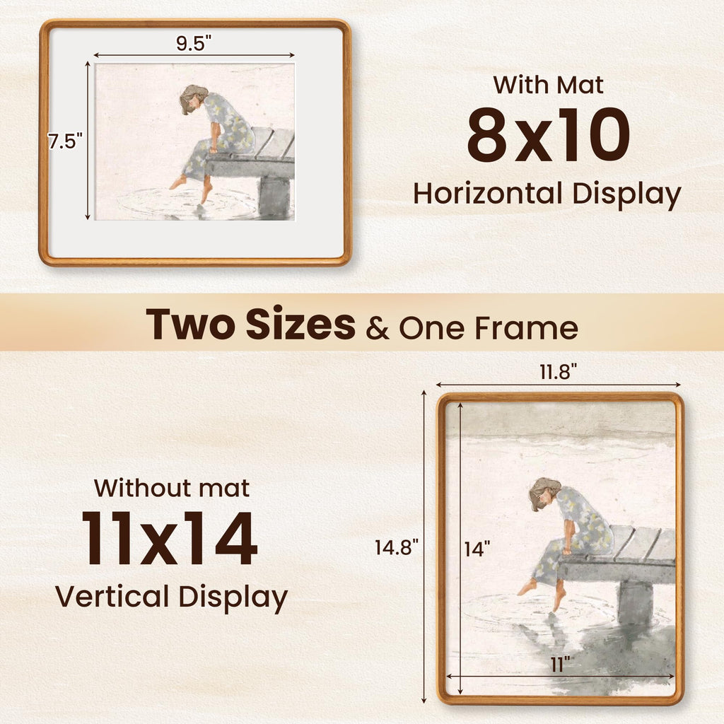 11x14 Picture Frame, Solid Teak Wood, Rounded Corners, Matted 8x10