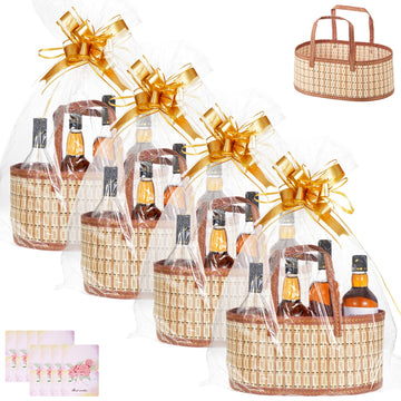 4 Set Baskets for Gifts Empty, Large Gift Empty Bamboo Basket with Handles, Foldable Woven Gift Basket with Wrap