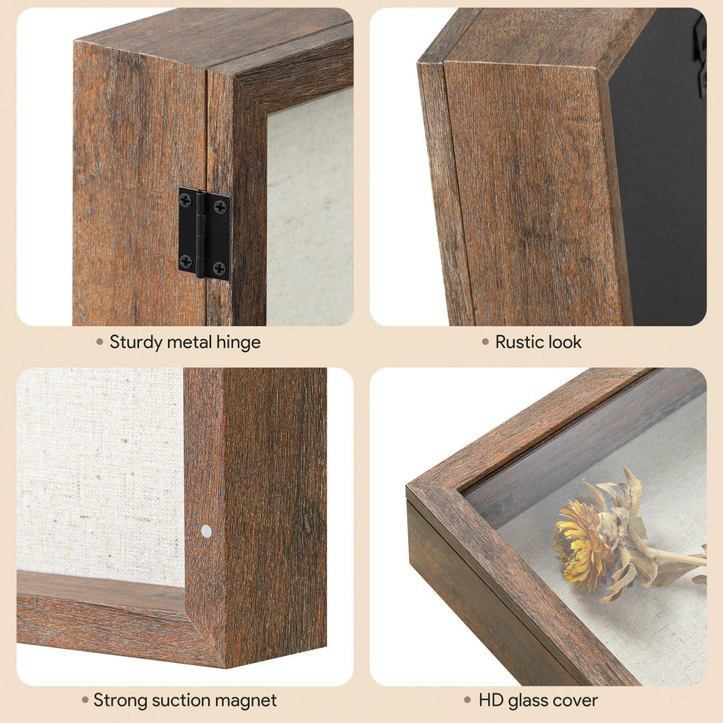 8x10 Shadow Box Frame with Linen Back - Sturdy Memory Display Case of Flower, Pictures, Medals and More, Rustic Brown