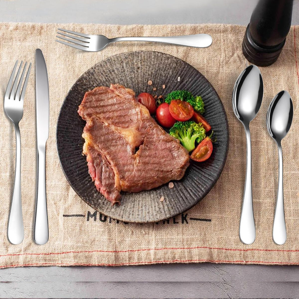 Modern Flatware Silverware Set for 4 Stainless Steel Cutlery 24 Pieces include Forks Spoons Knives Mirror Polished