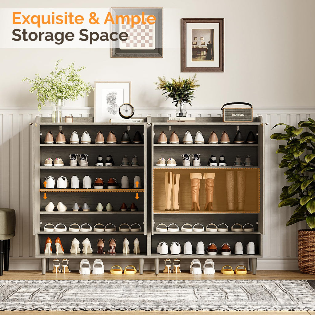 Shoe Cabinet with Fluted Doors, 6 Tier Large Wooden Entryway Shoe Storage Cabinet with Adjustable Shelves, 44.5" Tall