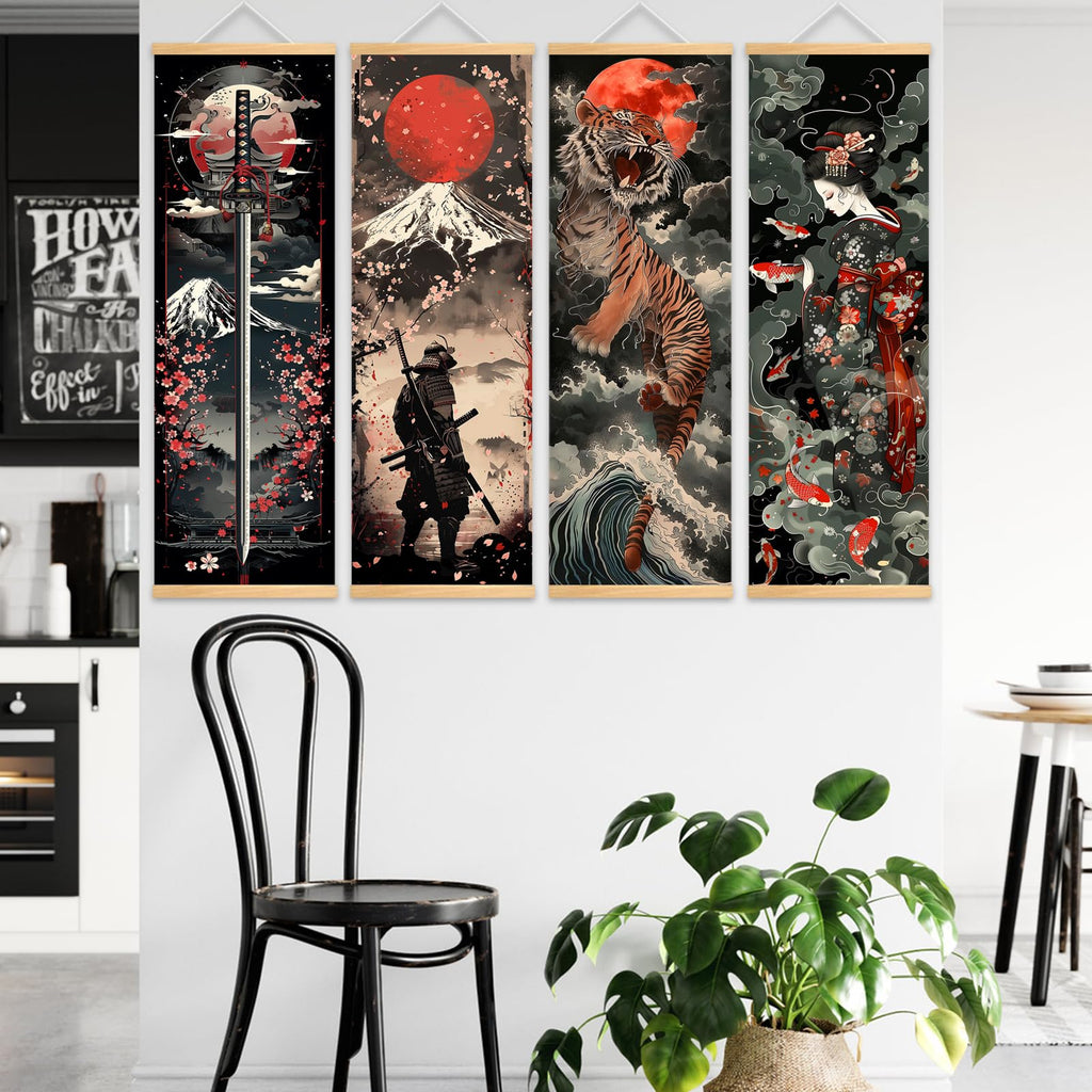 4PC Japanese Samurai Scrolls Canvas Wall Art Poster 11.81x35.43in