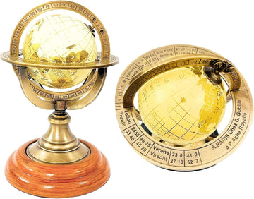 5.10" Nautical Brass Armillary Sphere World Globe with Light Lime Green Map, Natural Brown Wooden Base - Elegant