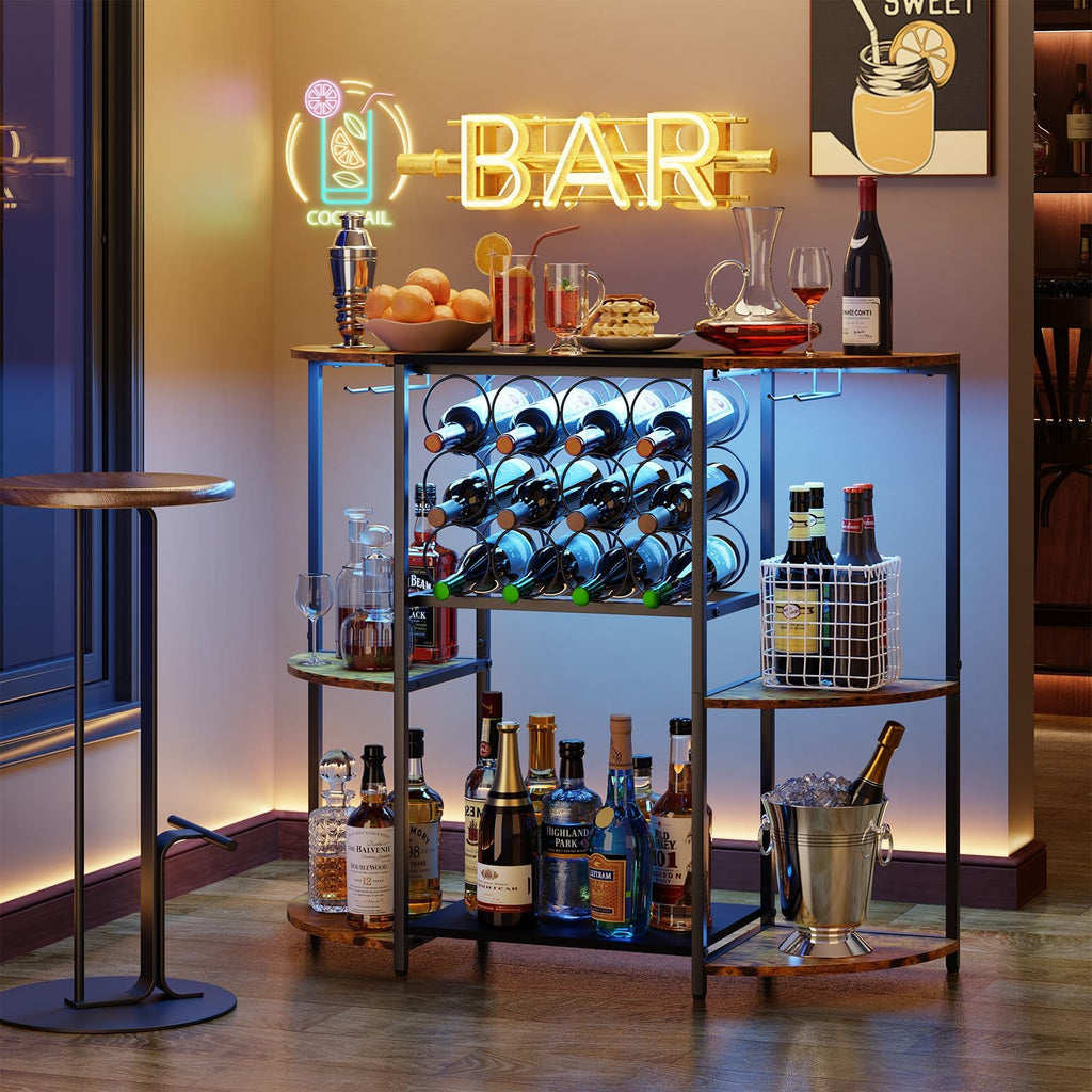 Wine Bar Cart with LED Lights, Mini Wine Rack with Storage and Glass Holder, Small Home Bar Cart for Liquor, 3-Tier