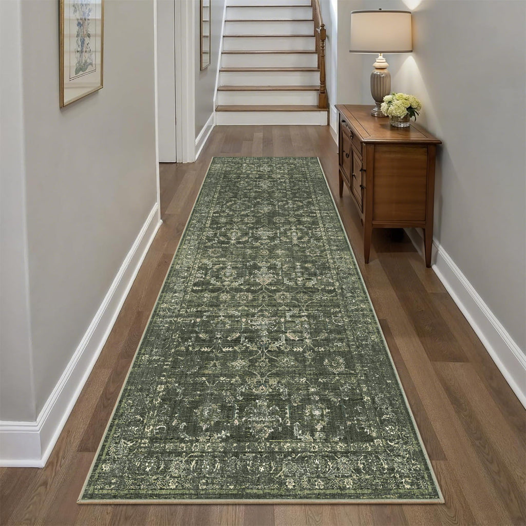 3x8 Washable Kitchen Runner Rug Non-Slip Boho Dark Green Throw Carpet